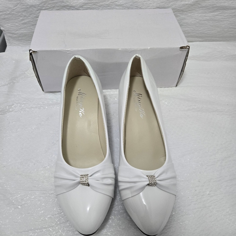 Mingxike White Patent Block Heel Pumps Rhinestone Bow Pointed Toe Size 40